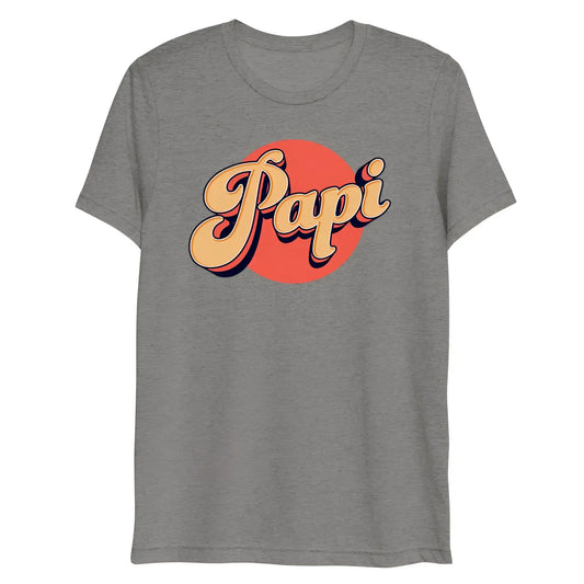 Gray heathered t-shirt featuring a bold retro-style papi graphic in beige and black on an orange circular background