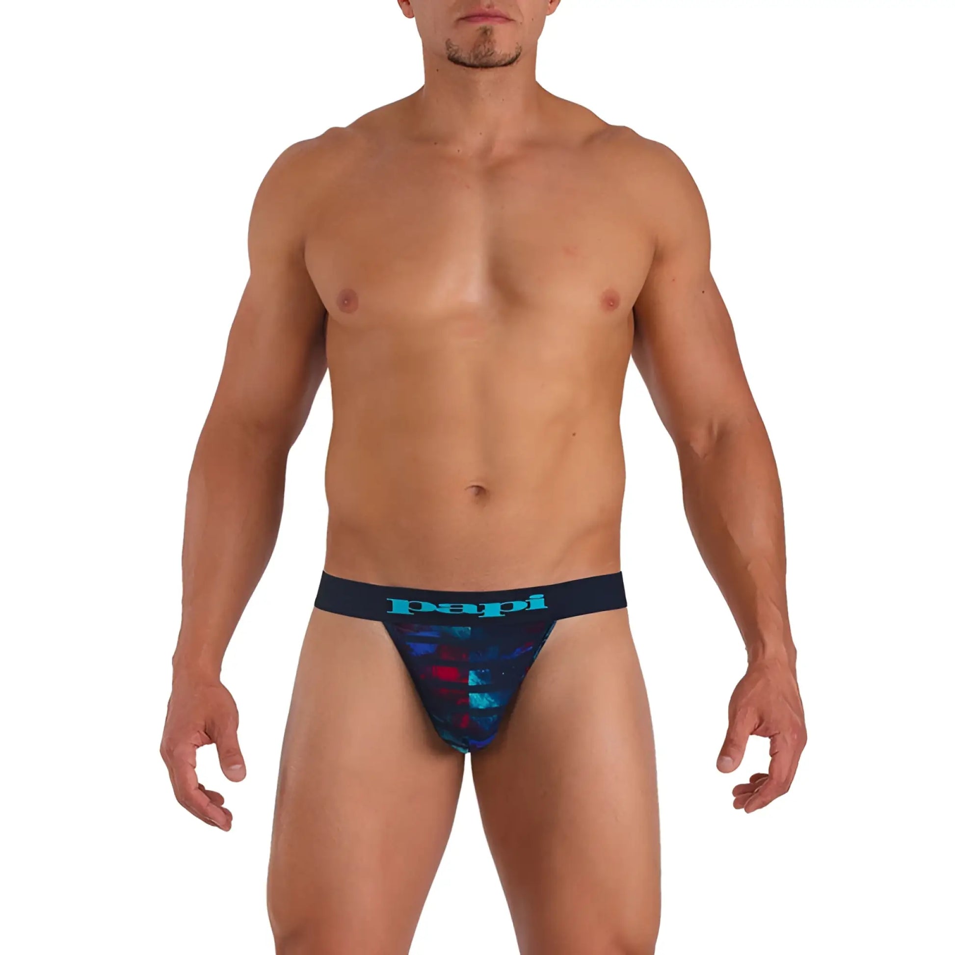 Dark blue papi microflex singles stripe thong underwear with vibrant red and teal abstract geometric pattern size s