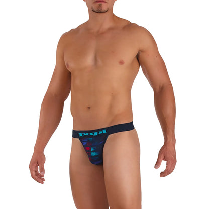 Papi microflex singles stripe thong underwear in navy blue and teal with bold graphic design size s