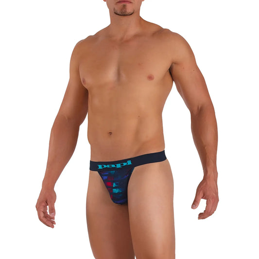 Papi microflex singles stripe thong underwear in navy blue and teal with bold graphic design size s