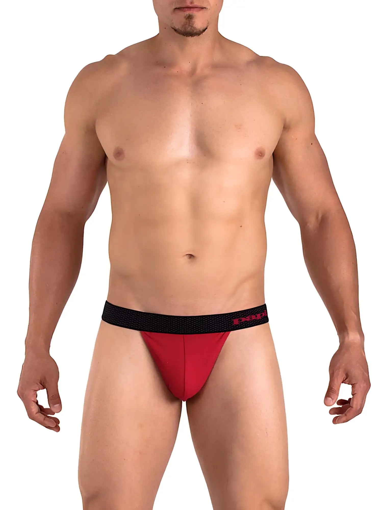 Red papi player’s club thong underwear in size m with black elastic waistband featuring red branding