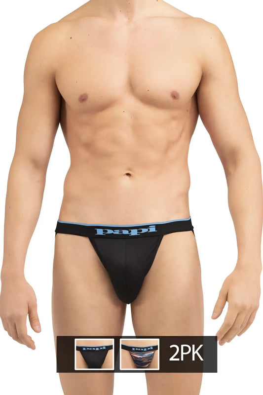 Black papi brand briefs with light blue elastic waistband featuring papi logo, model umpa006 2pk jockstrap black-blue