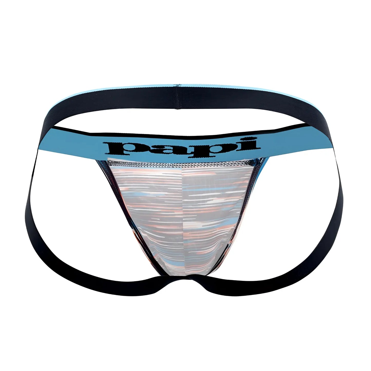 Papi UMPA006 2pk jockstrap with black elastic waistband and shimmering silver holographic panel in black-blue color