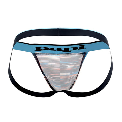 Papi UMPA006 2pk jockstrap with black elastic waistband and shimmering silver holographic panel in black-blue color