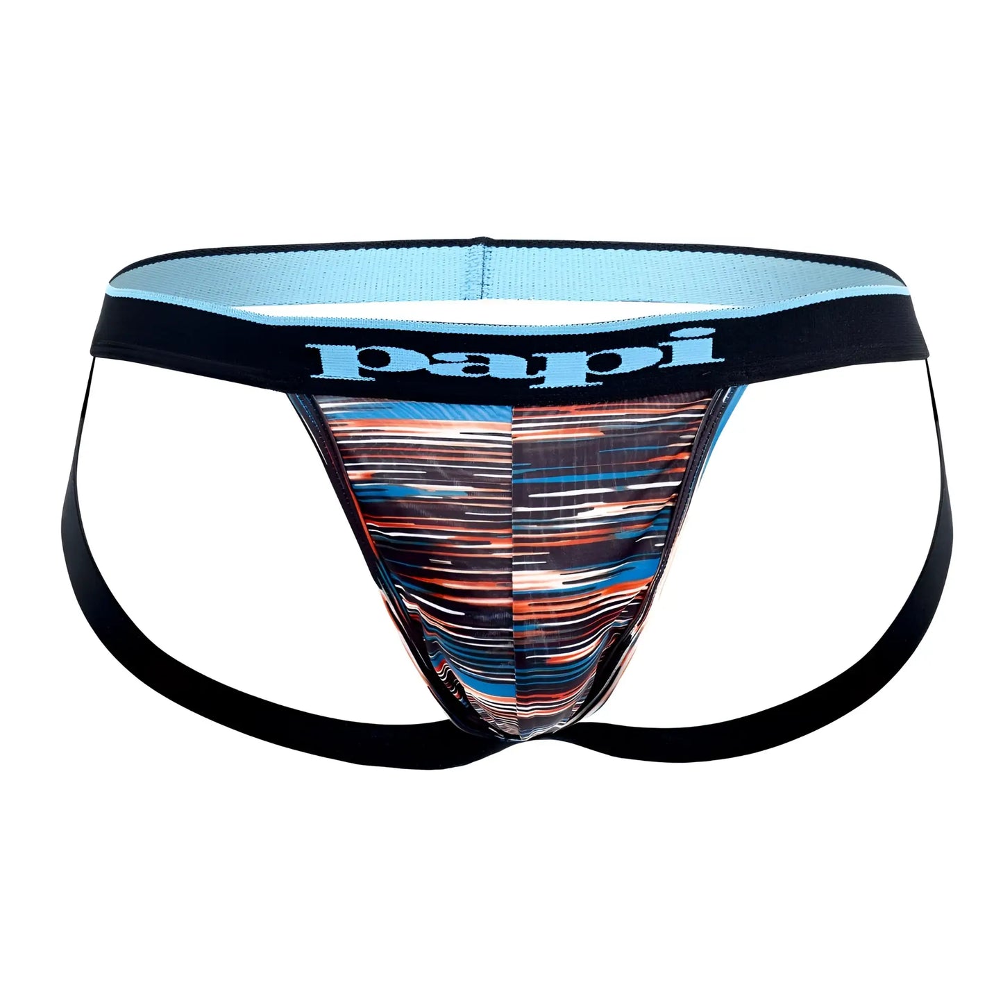 Papi UMPA006 men’s briefs with vibrant abstract striped pattern in black blue orange on front panel