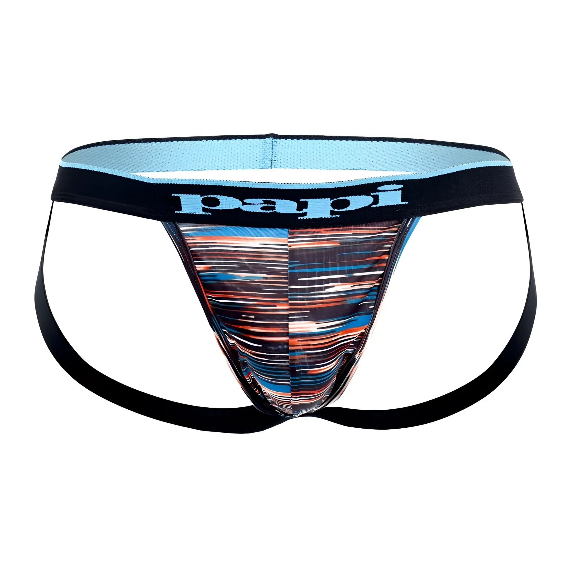 Papi UMPA006 men’s briefs with vibrant abstract striped pattern in black blue orange on front panel