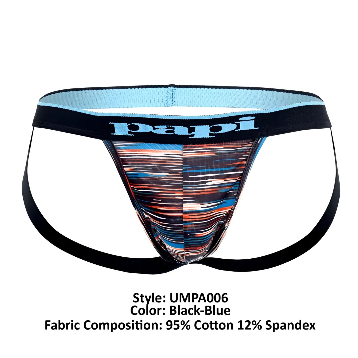 Black and blue patterned papi brand briefs with dynamic abstract stripe design in jockstrap style front view