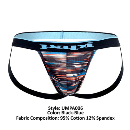 Black and blue patterned papi brand briefs with dynamic abstract stripe design in jockstrap style front view