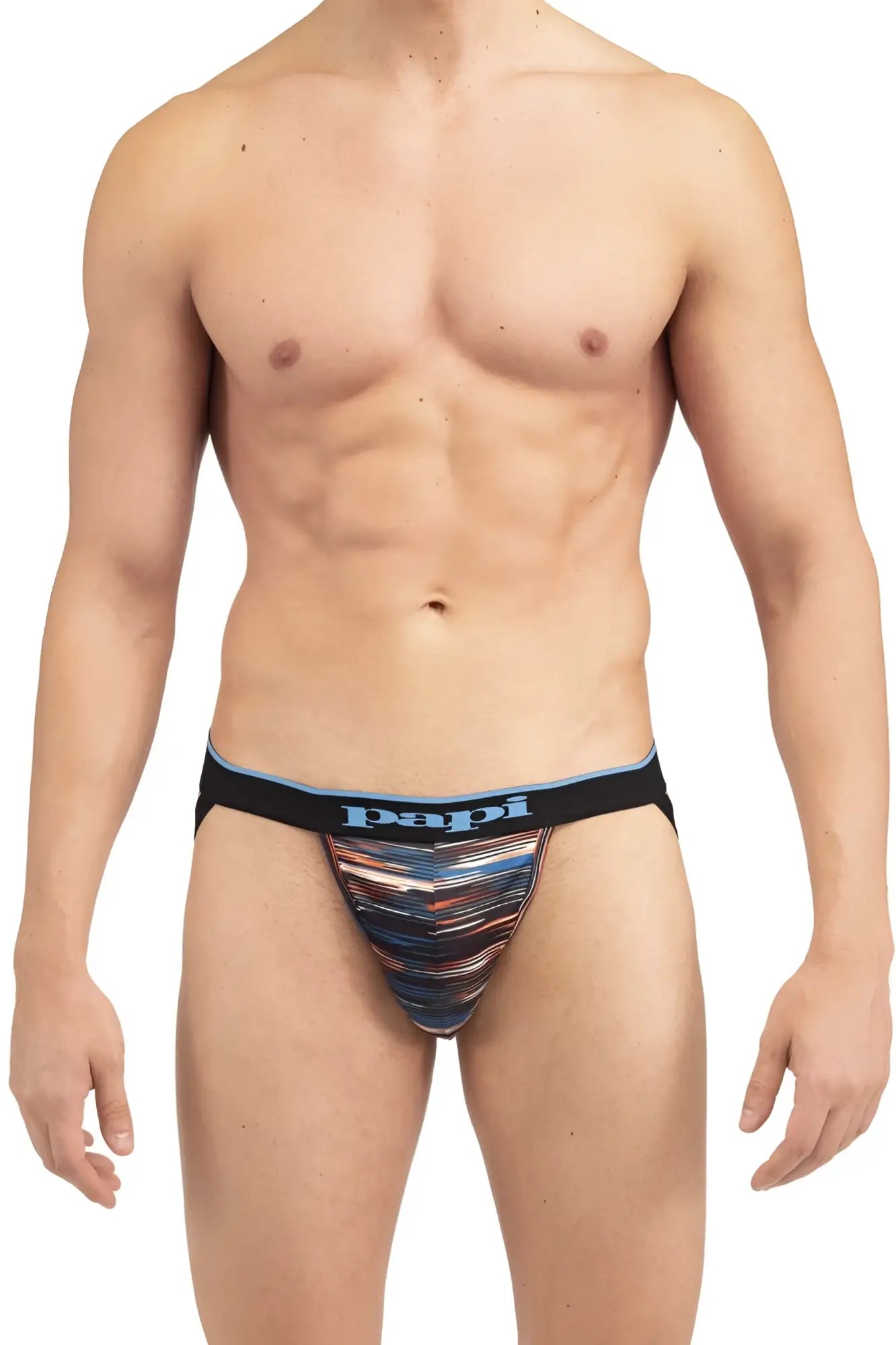 Papi umpa006 2pk jockstrap in black and blue with bold abstract striped pattern for active support and style