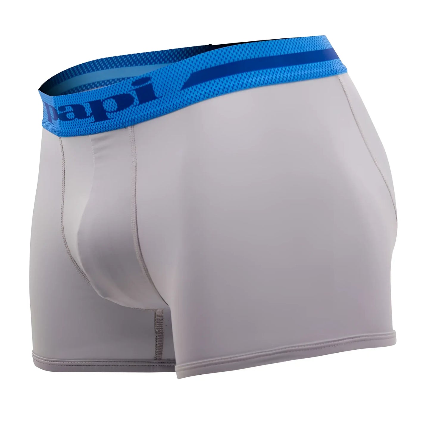 Gray microflex Brazilian trunks with blue elastic waistband featuring the papi brand logo in alloy black color