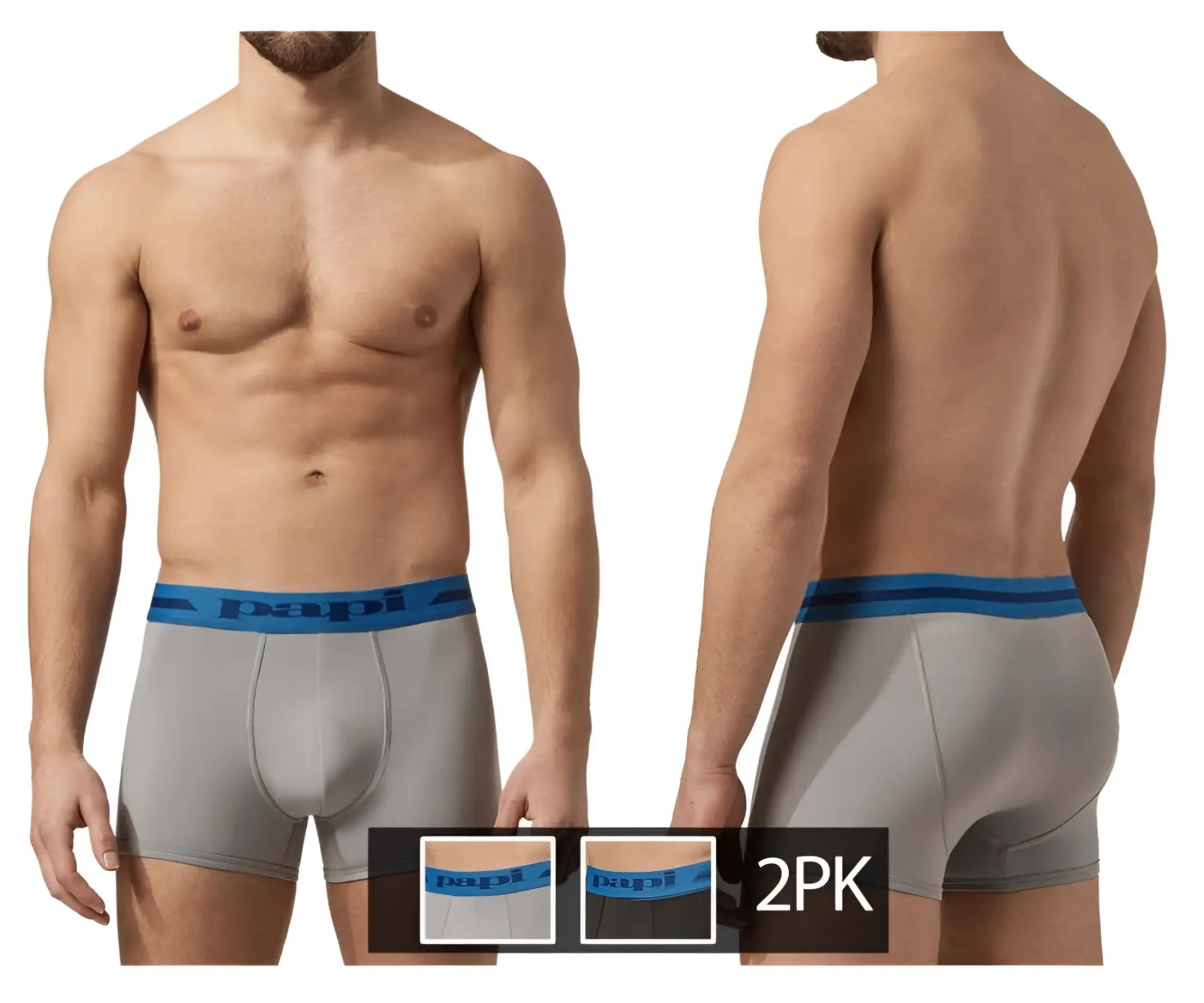 Gray boxer briefs with a blue elastic waistband featuring the papi brand logo from the papi umpa080 2pk microflex trunks