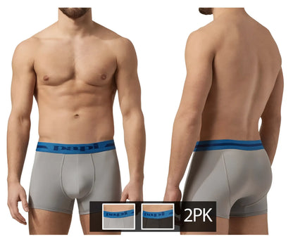 Gray boxer briefs with a blue elastic waistband featuring the papi brand logo from the papi umpa080 2pk microflex trunks