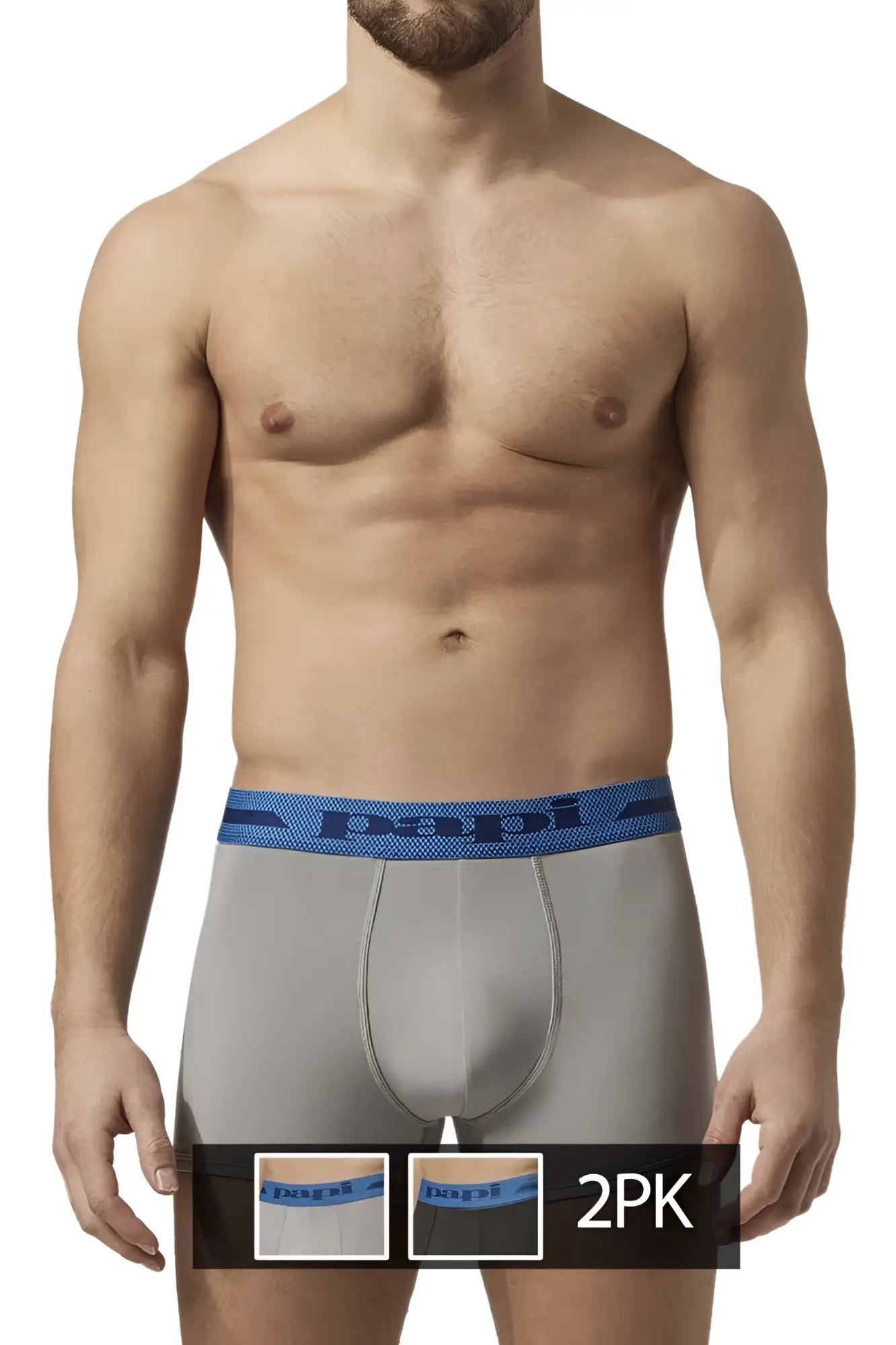Gray papi boxer briefs with blue elastic waistband and papi logo in microflex alloy black color two pack