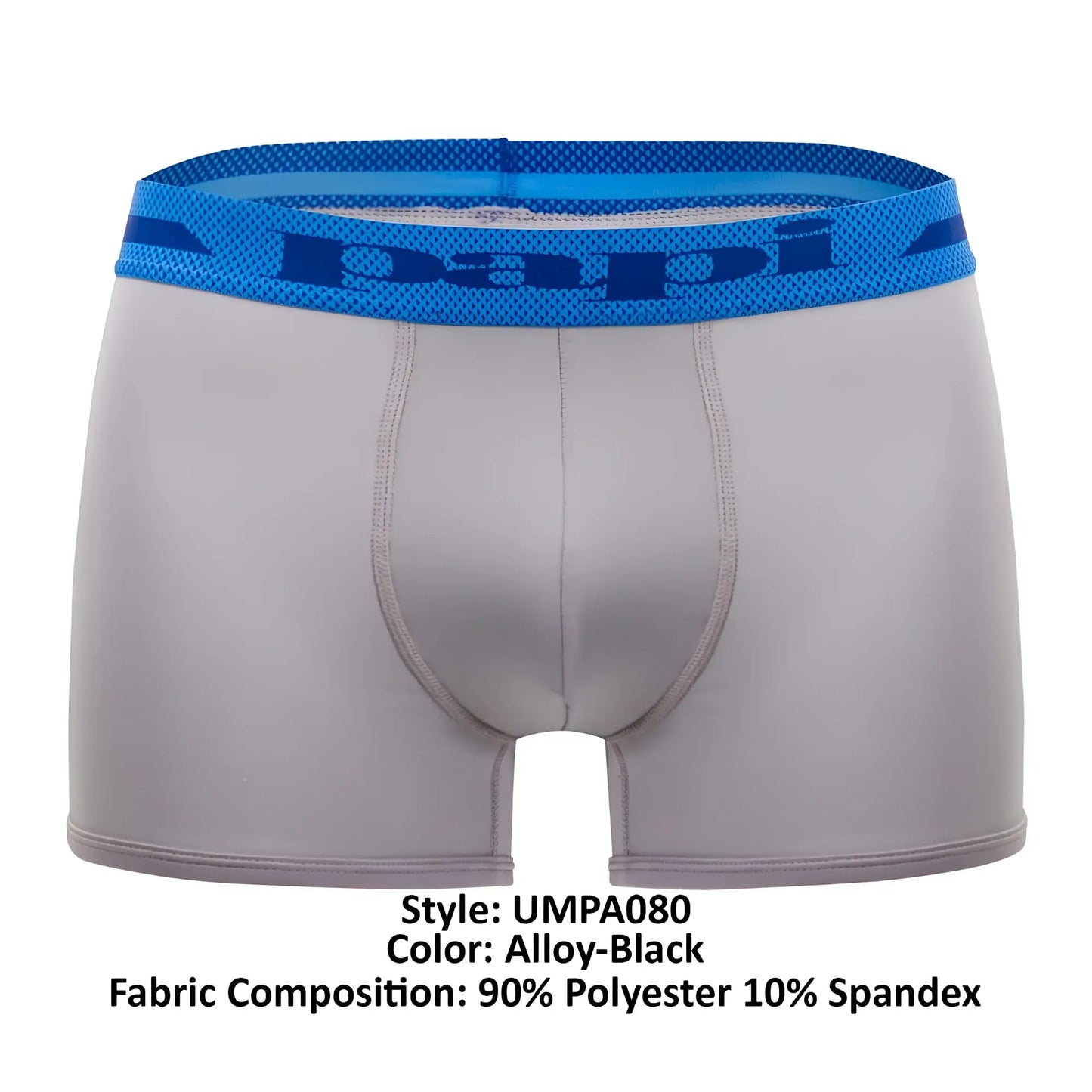 Alloy-black papi microflex brazilian trunks with blue mesh waistband and brand logo in a 2pk set