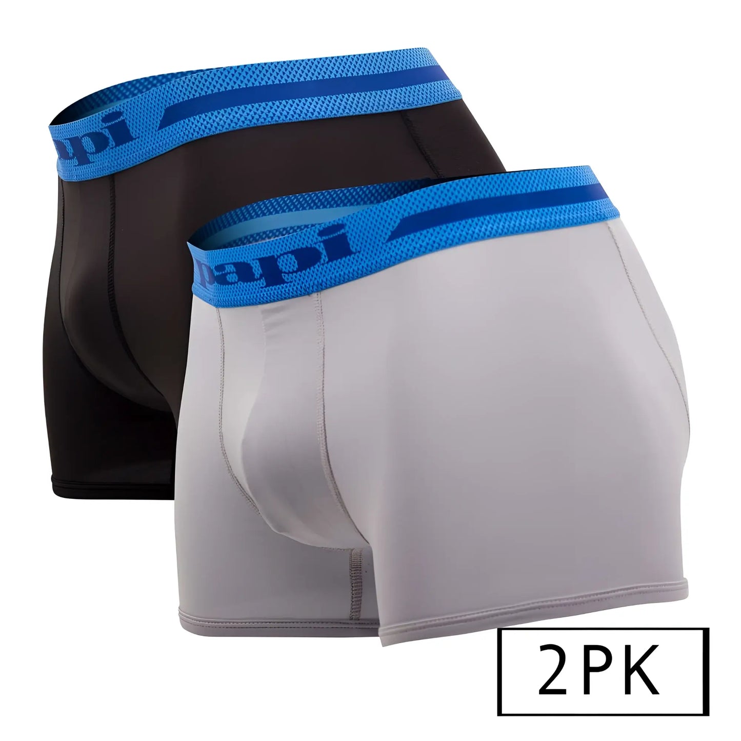A pair of black and gray papi microflex brazilian trunks with blue elastic waistbands in a 2pk set alloy black