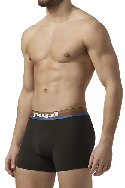 Black papi microflex boxer briefs in blue and black with colorful striped waistband and white papi logo