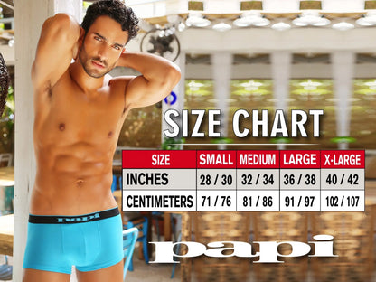 Bright blue papi microflex brazilian boxer briefs with black elastic waistband featuring the papi logo