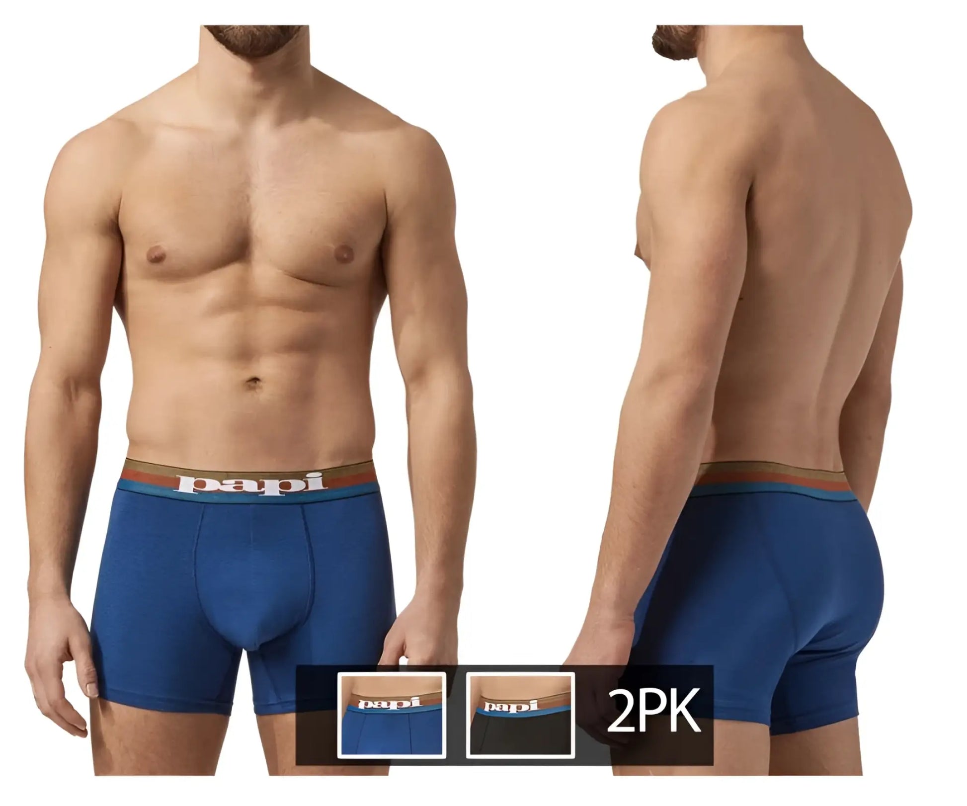 Blue papi microflex brazilian boxer briefs with brown waistband and white papi logo in blue and black color