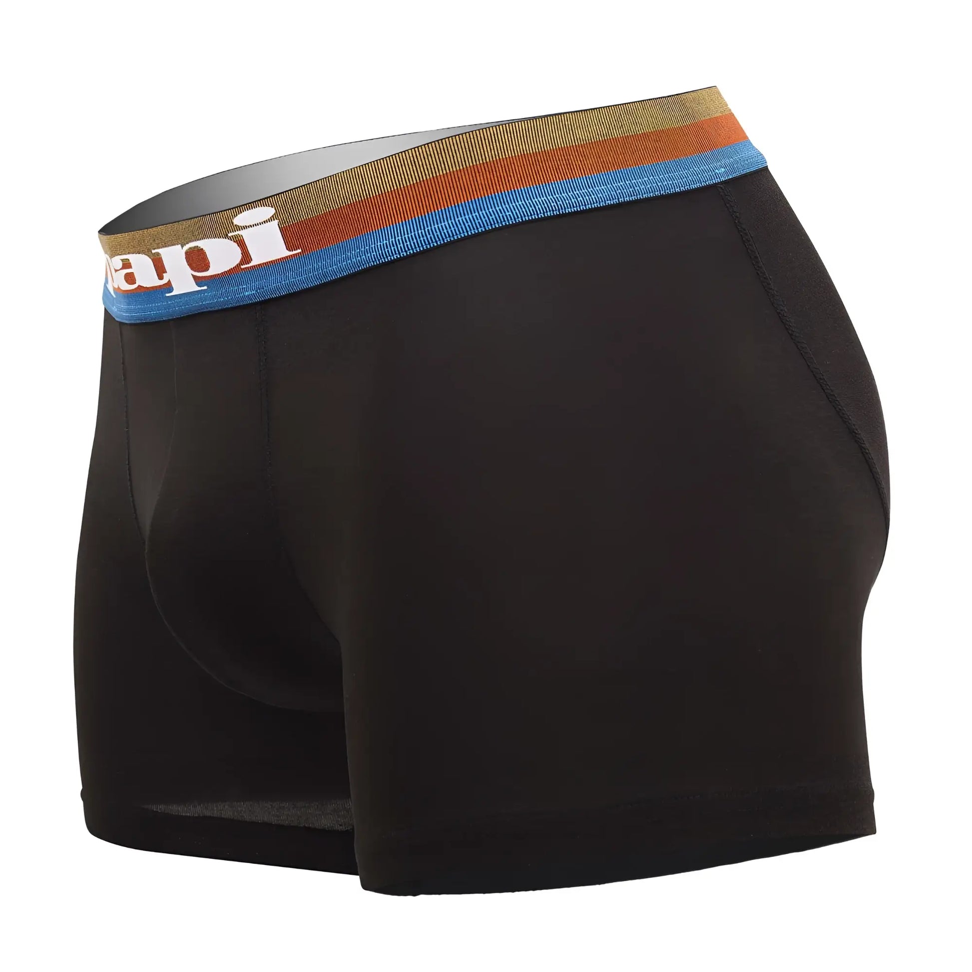 Black men’s briefs with a colorful striped waistband and api logo in white blue and black microflex boxer briefs