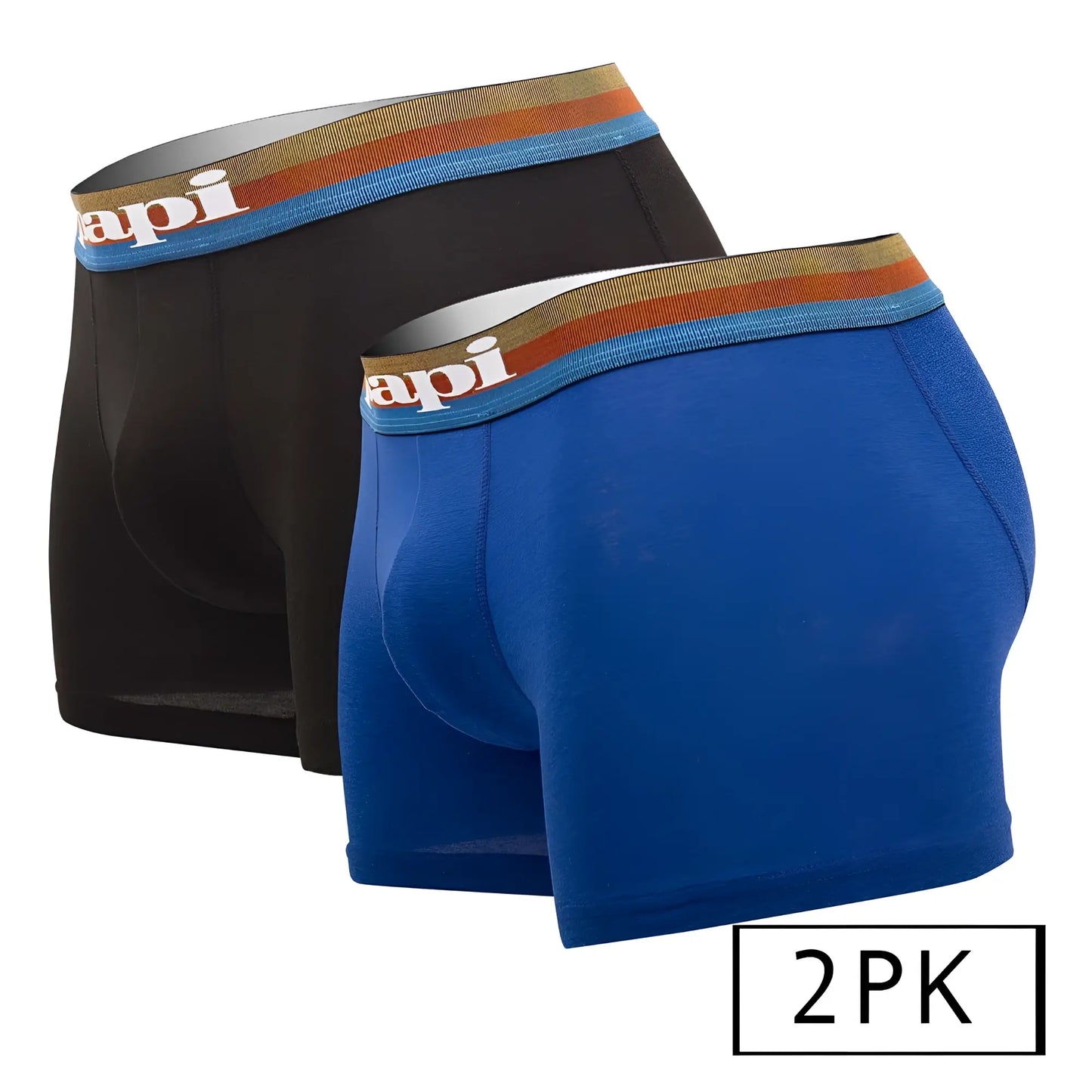 A pair of papi umpa088 blue and black microflex Brazilian boxer briefs with striped elastic waistband and logo