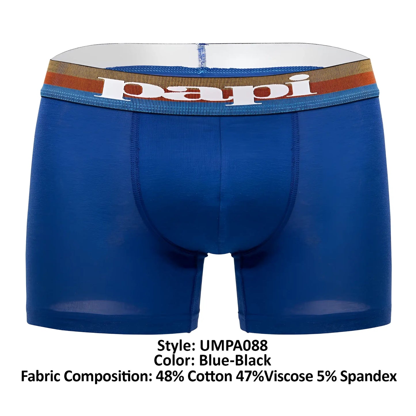 Blue-black papi umpa088 microflex brazilian boxer briefs with striped waistband and white brand name lettering