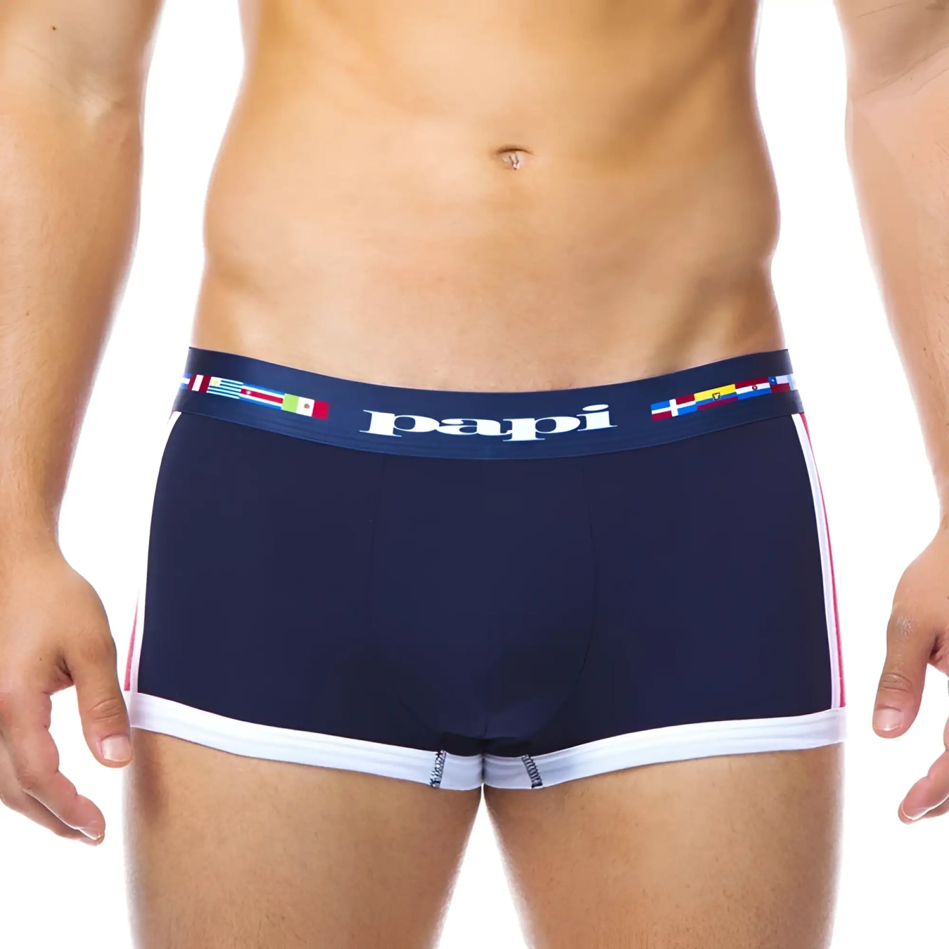 Navy blue papi viva heritage brazilian trunk underwear with white trim and colorful flag waistband size s