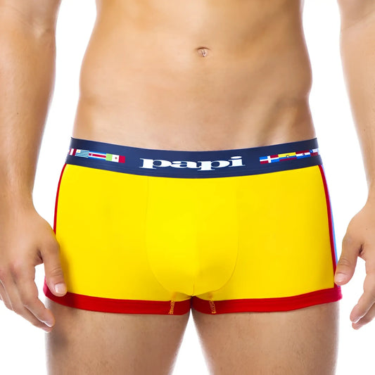 Bright yellow papi viva heritage brazilian boxer briefs with red trim navy waistband and small flag designs size s