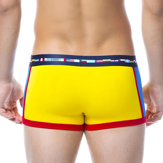 Papi viva heritage brazilian trunk underwear in sicilian yellow with red and blue panels and navy waistband with flags size s