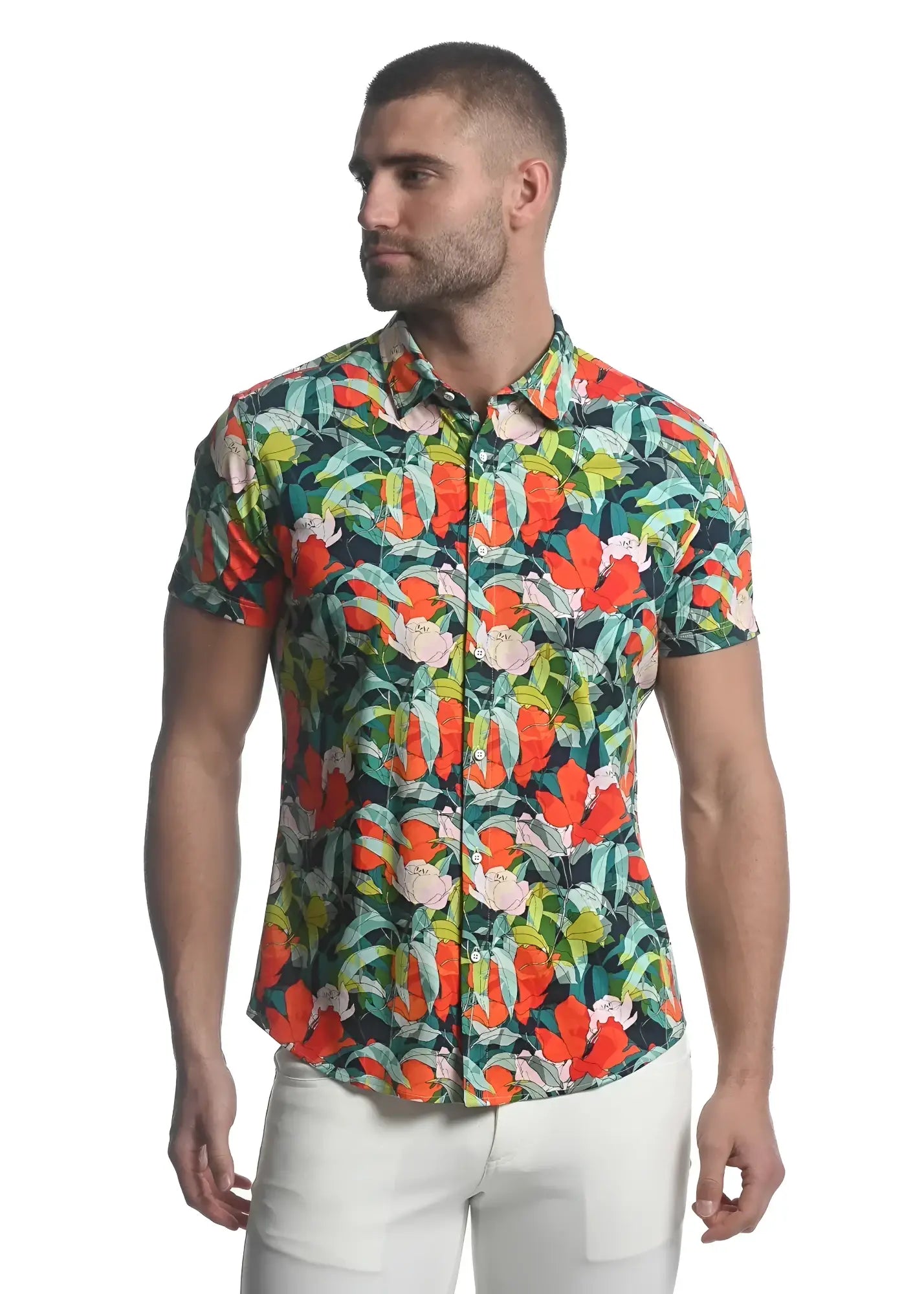Paradise stretch knit shirt with vibrant tropical print in bold orange pink and green on dark navy short sleeves