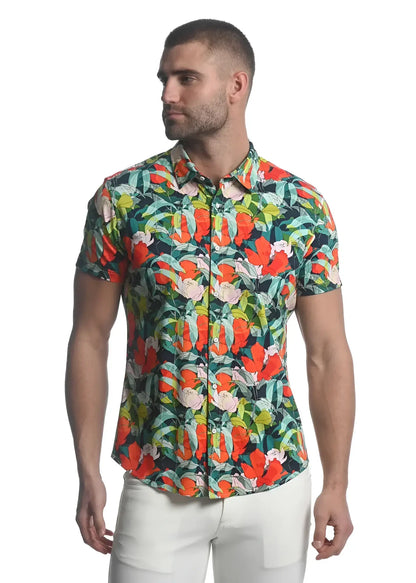 Paradise stretch knit shirt with vibrant tropical print in bold orange pink and green on dark navy short sleeves