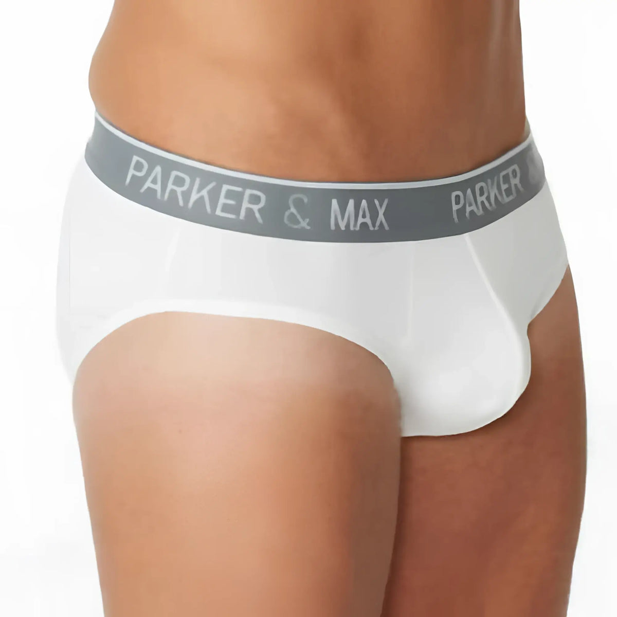 White parker & max PMFP_B1 briefs with gray elastic waistband featuring white brand lettering on front