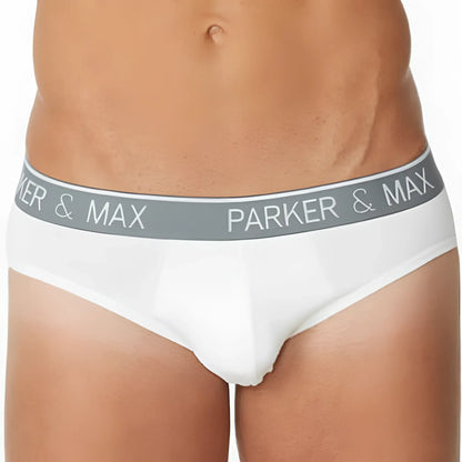 White menâ€™s briefs with a gray elastic waistband featuring parker & max logo in white lettering pmfp_b1 brief