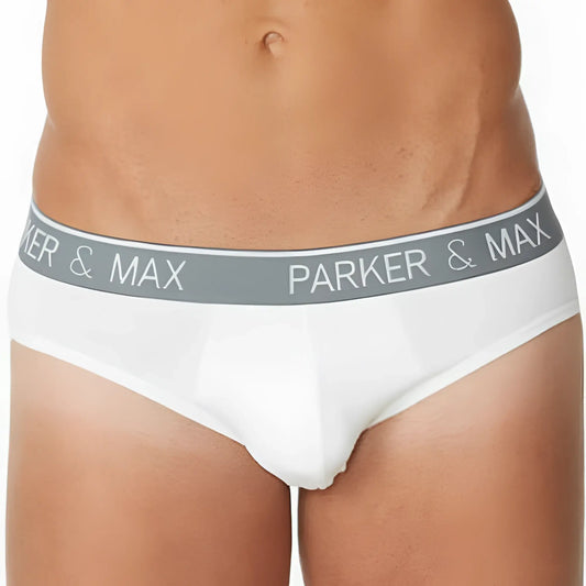 White menâ€™s briefs with a gray elastic waistband featuring parker & max logo in white lettering pmfp_b1 brief