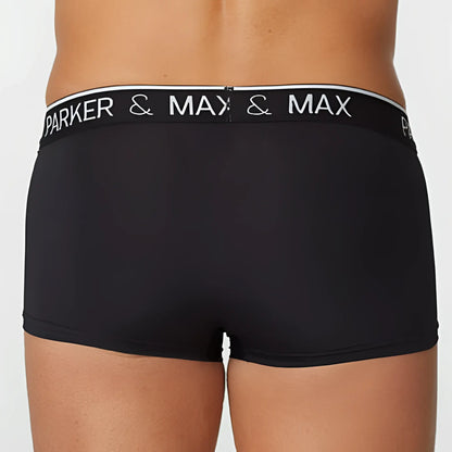 Black menâ€™s boxer briefs with white parker and max waistband in a comfortable PMFP_T1 parker and max trunk design