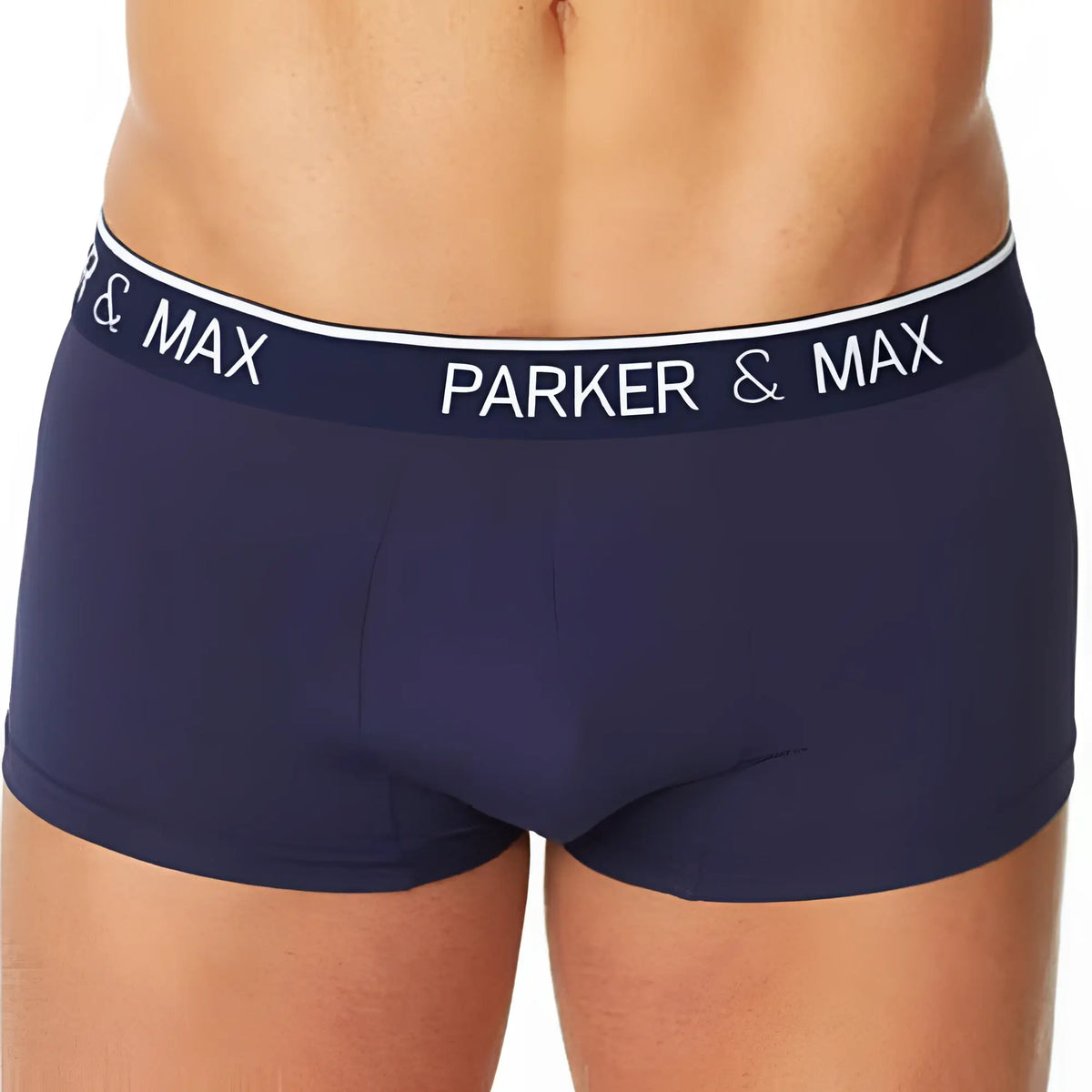Navy blue parker and max briefs with white elastic waistband featuring brand name in bold lettering