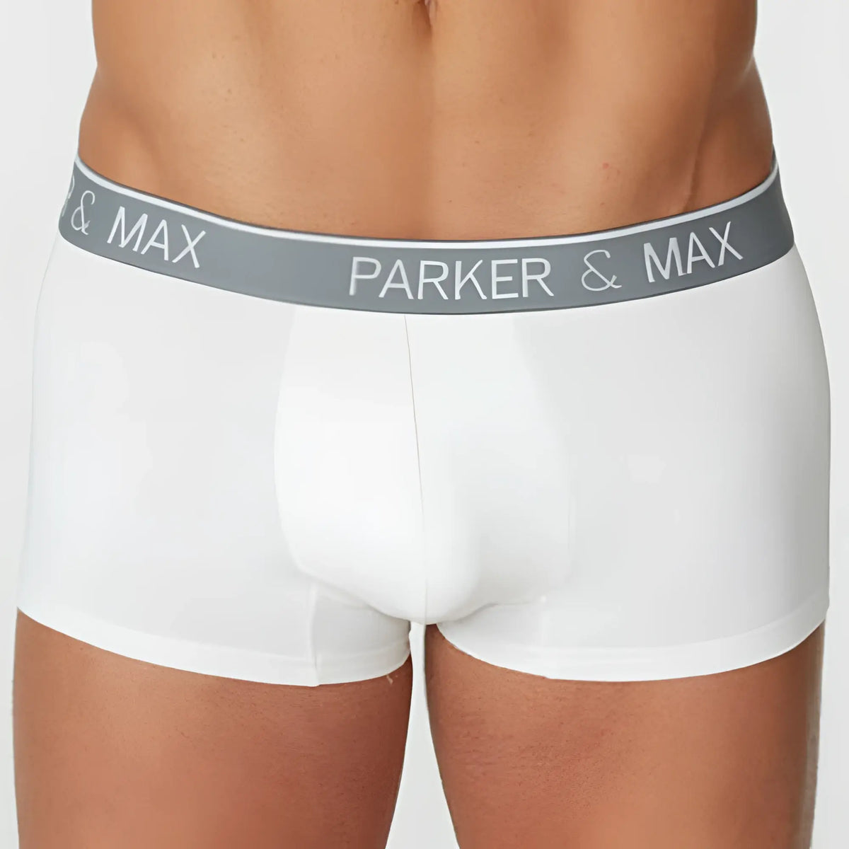 White parker & max pmfp_t1 boxer trunk briefs with gray waistband and white logo for comfortable daily wear