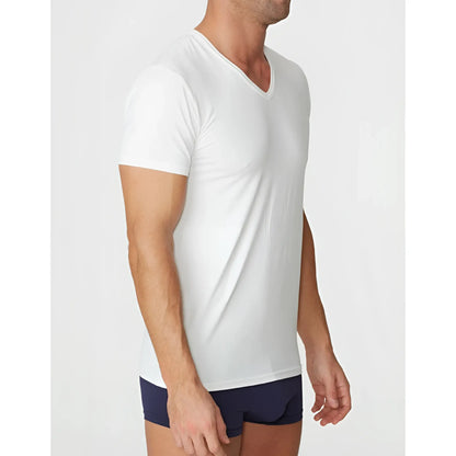 White v-neck short-sleeved t-shirt by Parker & Max made of smooth lightweight fabric for comfortable wear