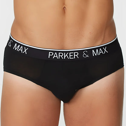 Black Parker and Max PMFPCS-B1 classic cotton stretch briefs with white elastic waistband and bold brand name