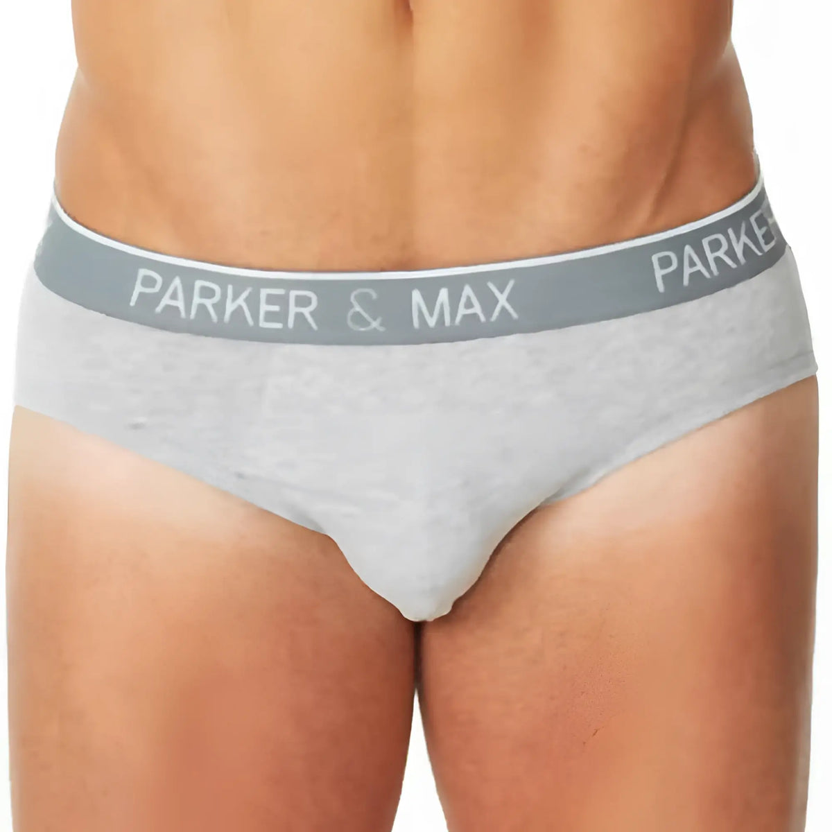 Gray heathered cotton stretch briefs with matching elastic waistband and white parker & max logo