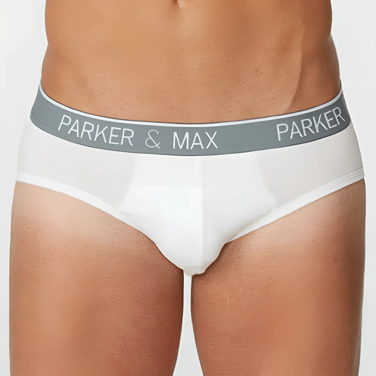 White parker and max classic cotton stretch briefs with gray elastic waistband and white logo lettering