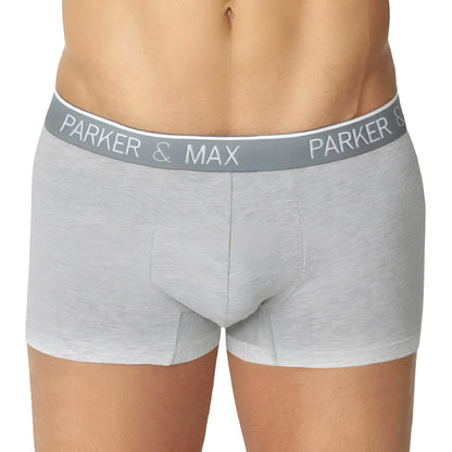 Gray heathered parker and max pmfpcs t1 boxer trunk with elastic waistband and white logo lettering