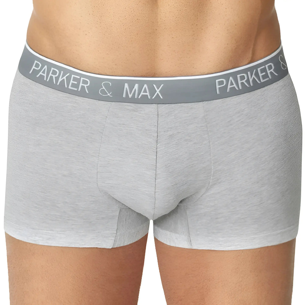 Gray heathered boxer briefs with matching elastic waistband featuring parker and max logo in white lettering