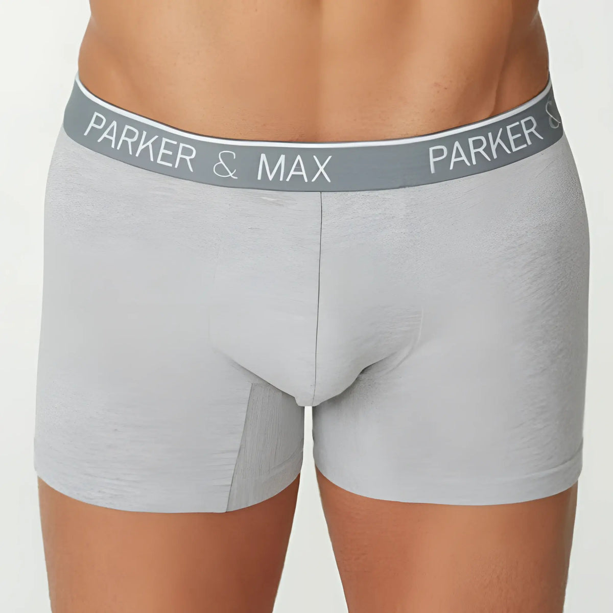 Gray heathered boxer briefs with a matching elastic waistband featuring the parker and max logo in white lettering