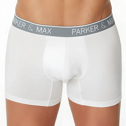 White boxer briefs with gray elastic waistband featuring parker & max logo in white lettering