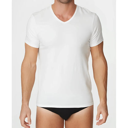 White v-neck cotton t-shirt by parker & max featuring soft breathable fabric for casual wear