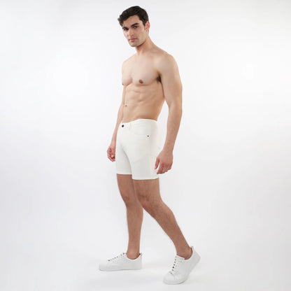 White men’s parquet jacquard stretch knit short briefs with sleek minimalist design and subtle black button accents
