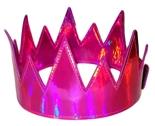 A shiny holographic pink party crown with glossy finish and stitched edges perfect for celebrations