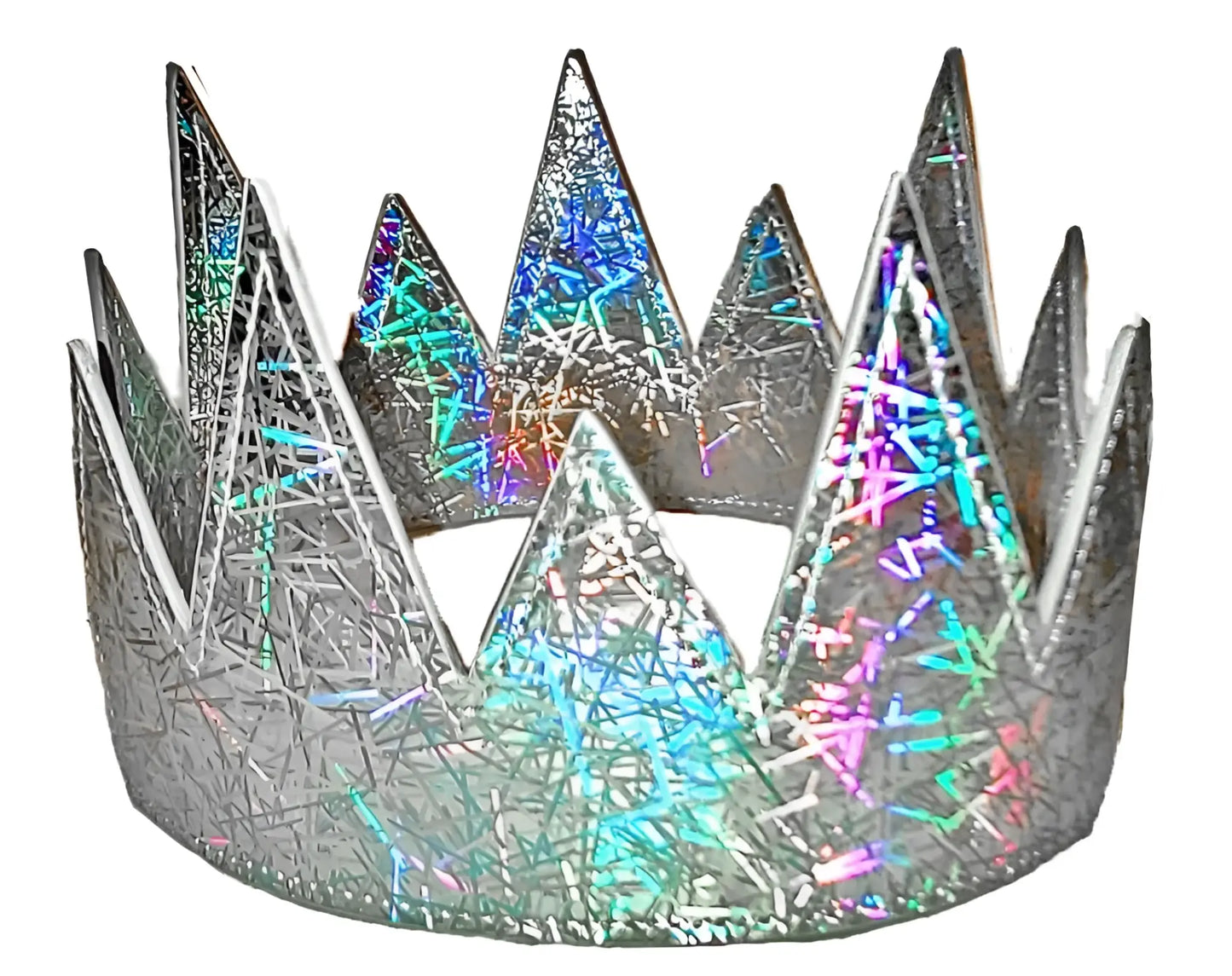 A shimmering silver party crown with iridescent rainbow streaks and a textured glittery surface