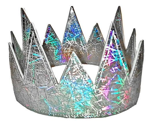 A shimmering silver party crown with iridescent rainbow streaks and a textured glittery surface