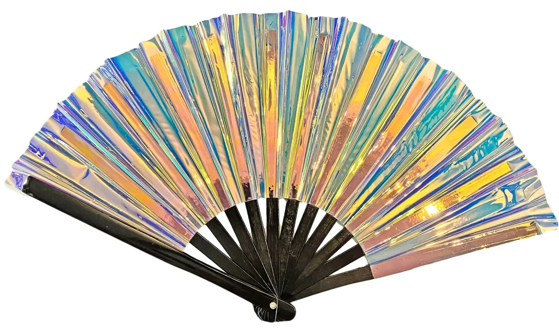 Iridescent holographic party fan with black handle and skeleton design for festive occasions